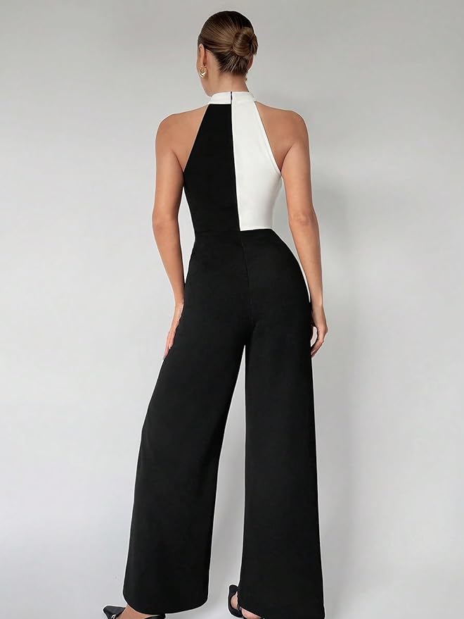 Women's 2024 Casual Long Jumpsuit Sleeveless Colorblock Asymmetrical Halter Jumpsuit