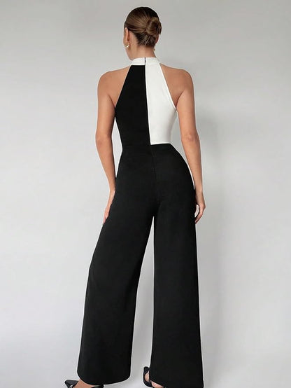 Women's 2024 Casual Long Jumpsuit Sleeveless Colorblock Asymmetrical Halter Jumpsuit