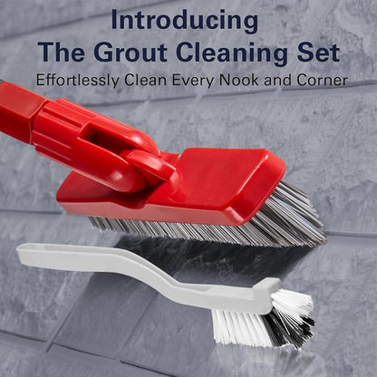Foxtrot Living Grout Brush with Long Handle & Handheld Stiff Bristle Scrubber, V-Shaped Cleaner with Telescopic Handle for Easy Cleaning & Storage - Tile Floor Cleaning Brush