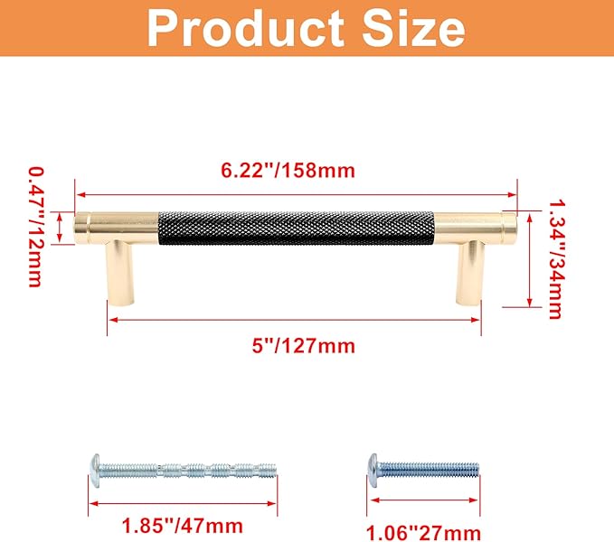 2 Pack 5"128mm Knurled Cabinet Handles Dresser Cabinet Pulls Aluminum Alloy Drawer Cabinet Hardware for Dresser Drawers Cupboard, Gold  Black