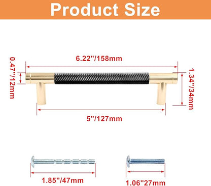 2 Pack 5"/128mm Knurled Cabinet Handles Dresser Cabinet Pulls Aluminum Alloy Drawer Cabinet Hardware for Dresser Drawers Cupboard, Gold & Black