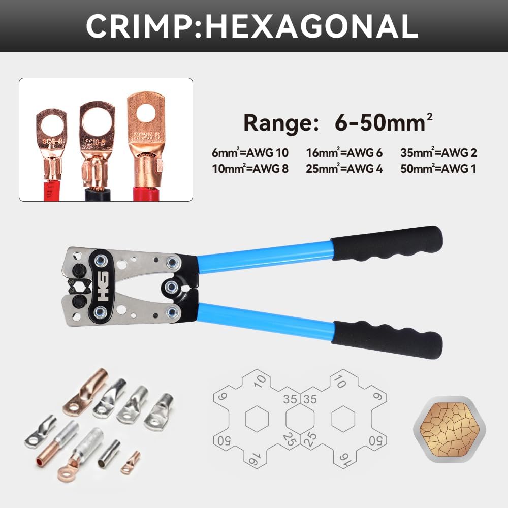 HKS Battery Cable Crimping Tool Kit – Heavy Duty Wire Crimper for AWG 10-1, Includes 60pcs Copper Ring Terminals & 60pcs 3:1 Heat Shrink Tubing, Ideal for Battery Cables