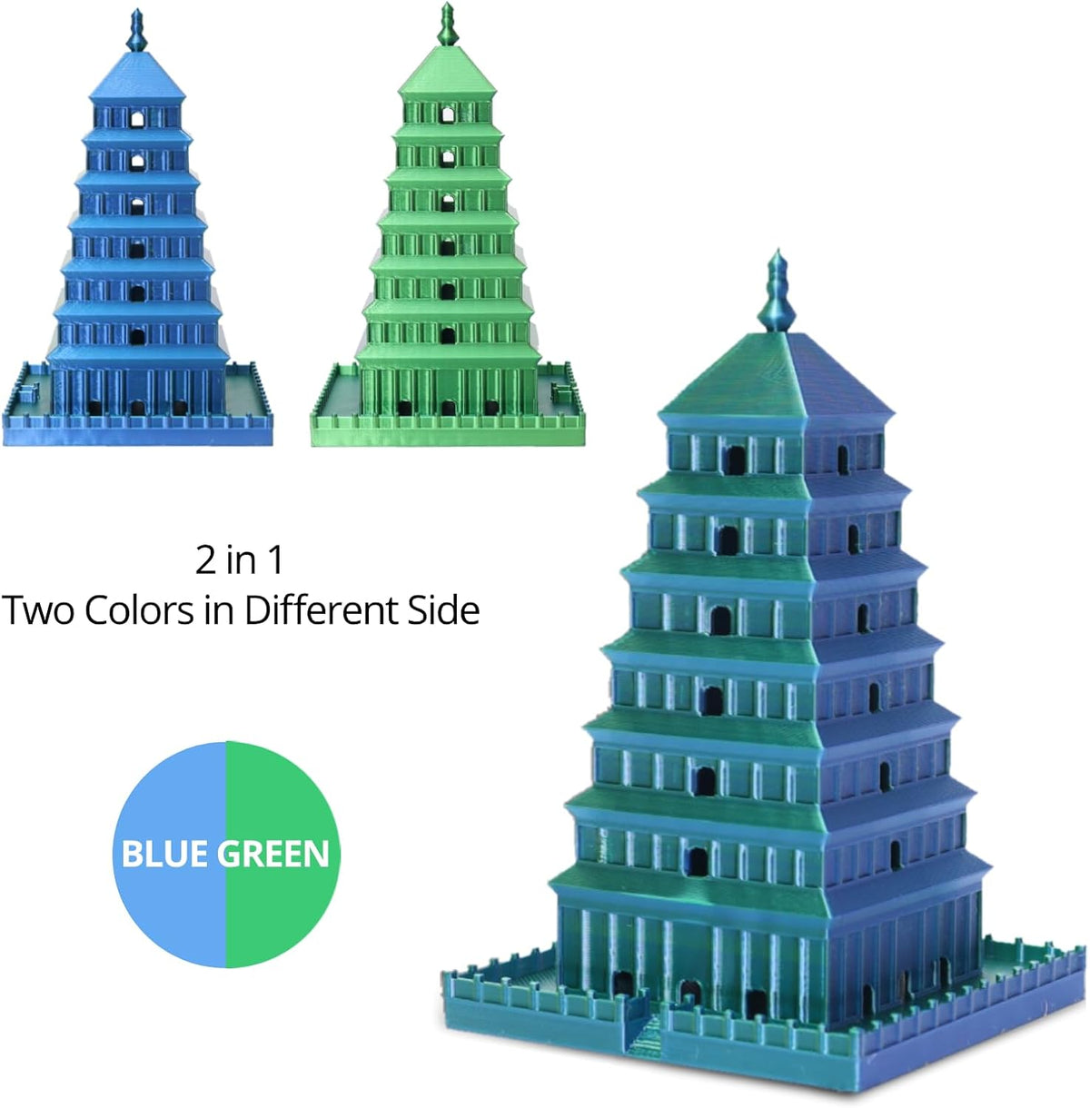 Silk Dual Color Pla Filament, Silk PLA 3D Printer Filament 1.75mm, Shiny Silk Texture, Dimensional Accuracy +/- 0.02mm, 1KG Spool (2.2 lbs), PLA Silk Dual Color (Blue Green)