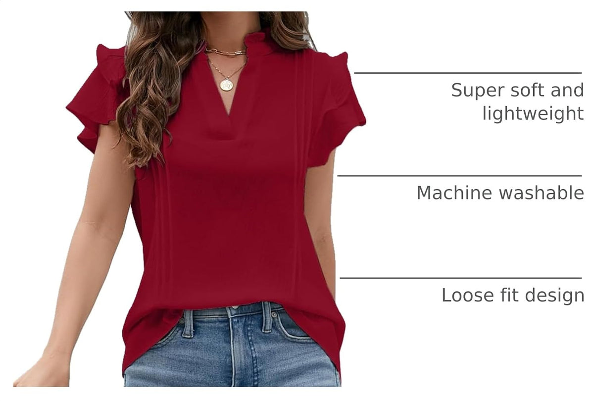 Blooming Jelly Womens Dressy Casual Tops Ruffle Short Sleeve V Neck Shirts Elegant Business Work Blouse.