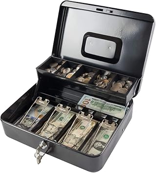 KYODOLED Locking Cash Box with Lock,Money Box with Cash Tray,Lock Safe Box with Key,Money Saving Organizer,11.81Lx 9.45Wx 3.54H Inches,Black XL Large