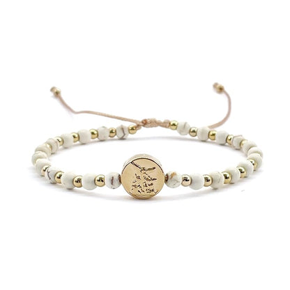 St Michael Archanel Coin and Natural Round White Turquoise Beads Adjustable Bracelet for Women (White Turquoise)