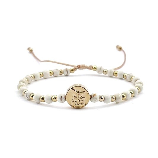 St Michael Archanel Coin and Natural Round White Turquoise Beads Adjustable Bracelet for Women (White Turquoise)