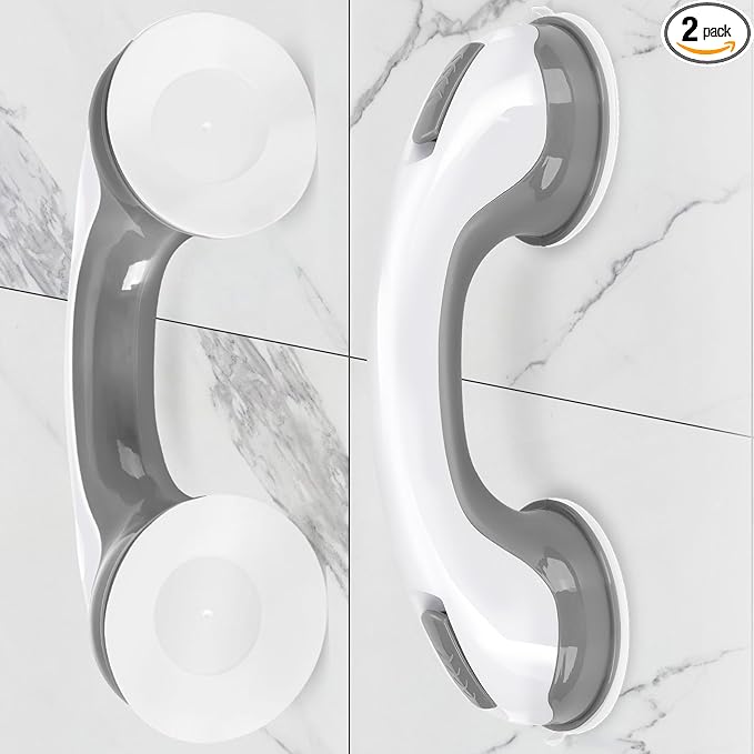 Shower Handle 2 Packs Grab Bars for Bathtubs  Showers, 12 inch Grab Bars for Bathroom with Strong Hold Suction Cup, Balance Bar Safety Hand Rail for Injury, Senior, Elderly Grey