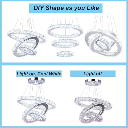 Winretro Modern LED Chandeliers Crystal Chandelier 3 Ring Round Pendant Lighting Adjustable Stainless Steel Ceiling Light Fixture for Living Room Dining Room Bedroom