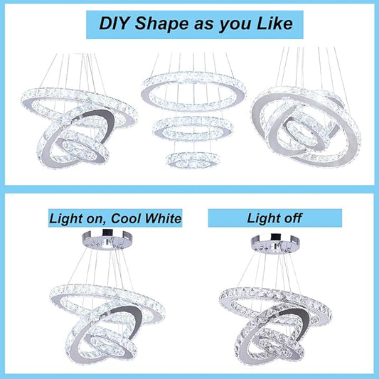 Winretro Modern LED Chandeliers Crystal Chandelier 3 Ring Round Pendant Lighting Adjustable Stainless Steel Ceiling Light Fixture for Living Room Dining Room Bedroom