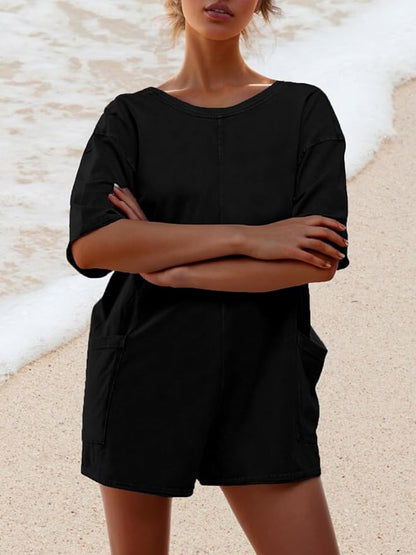 AnotherChill Womens Athletic Romper With Pockets Workout Tee Rompers Backless Oversized Onesie Casual Activewear