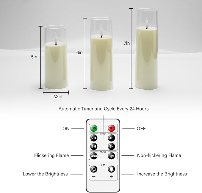 Flickering Flameless Candles Battery Operated with Remote and 2468 H Timer Plexiglass Led Pillar Candles Pack of 9 (D2.2"xH 5"6"7")with Realistic Moving Wick Candles for Home Decor(Ivory)
