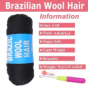 COOKOO 4 Roll Natural Black Brazilian Wool Hair Acrylic Yarn for African Crochet Hair Jumbo Braids Senegalese Twisting Knitting Hair Braids Faux locs Spiral Corkscrews Braids Twist Wraps 70GRoll(1B)