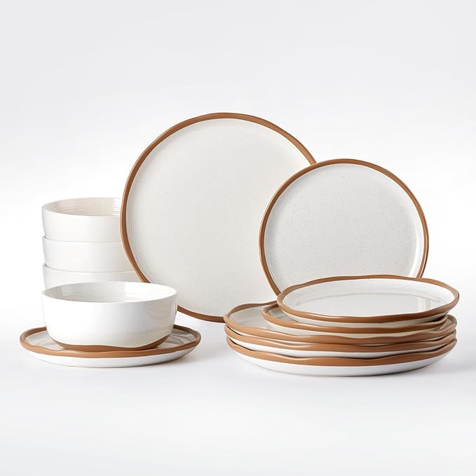 Lareina Plates and Bowls Set, 12 Pieces Ceramic Dinnerware Sets, Dishwasher Microwave Safe, Vanilla White