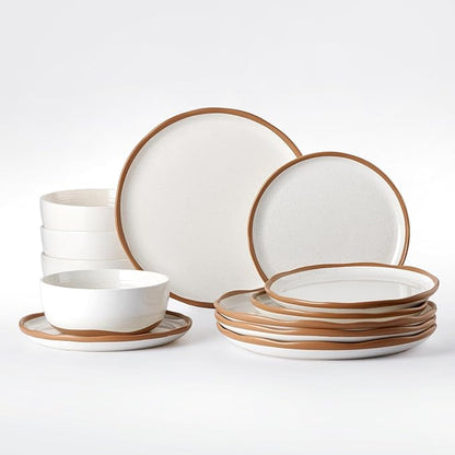 Lareina Plates and Bowls Set, 12 Pieces Ceramic Dinnerware Sets, Dishwasher Microwave Safe, Vanilla White