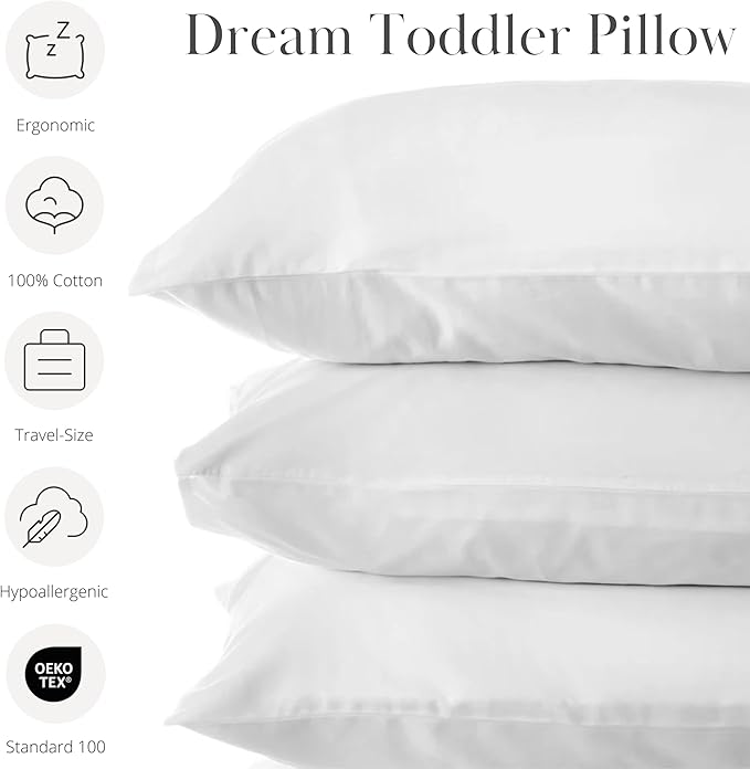 DREAMLAND BABY Toddler Pillow (1-Pack): Includes 100 Cotton Pillow  White Viscose Cover (97 Viscose, 3 Spandex) - Small Size for Kids and Travel