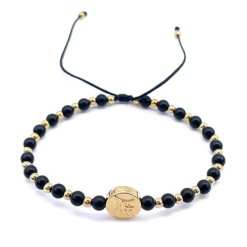 St Michael Archangel Coin and Natural Round White Turquoise Beads Adjustable Bracelet for Women (Black Mate Onix)