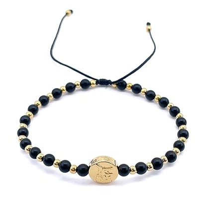 St Michael Archangel Coin and Natural Round White Turquoise Beads Adjustable Bracelet for Women (Black Mate Onix)