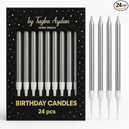 Birthday Candles - 24 Count Long Thin Silver Birthday Candles for Cake, Metallic Cake Candle for Birthday, Party Candles
