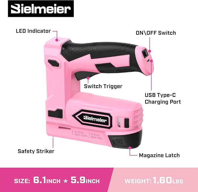 Pink Cordless Staple Gun, 2-in-1 Nail Gun Battery Powered - 4V Brad Nailer Tacker Electric Stapler for Upholstery, Material Repair, Carpentry, Wood, DIY