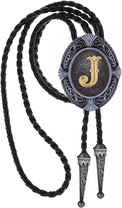 Btilasif Native American Western Cowboy Alphabet Golden Initial Letter A to Z Leather Necktie Bola Tie for Men Women