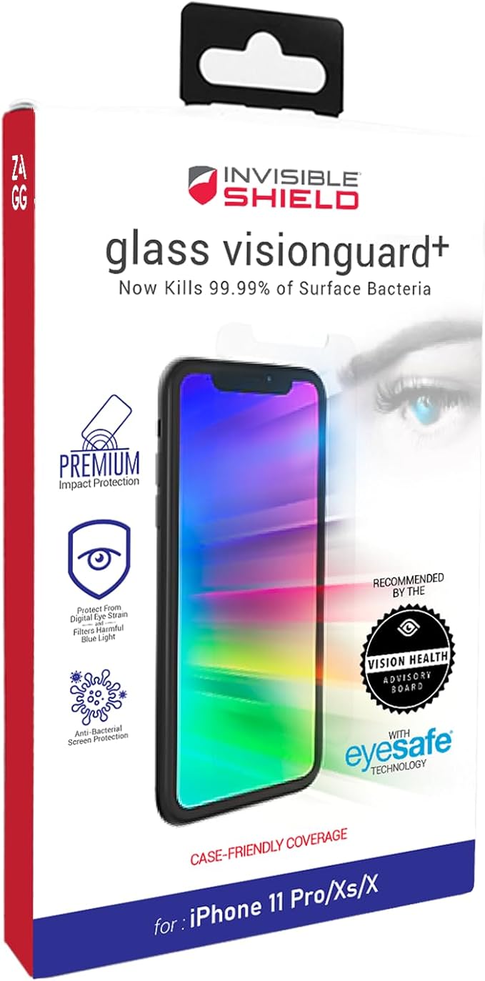 ZAGG InvisibleShield VisionGuard+ Glass Screen Protector for iPhone 11 Pro, iPhone X/Xs - 5X Shatter & Scratch Protection, Tempered Glass, Blue-Light Protection, Anti-Fingerprint, Easy to Install