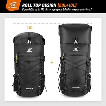 SKYSPER Hiking Backpack - 50L Roll Top Backpacking Backpack Lightweight Comfortable Breathable Camping Travel Pack for Men Women(Black)