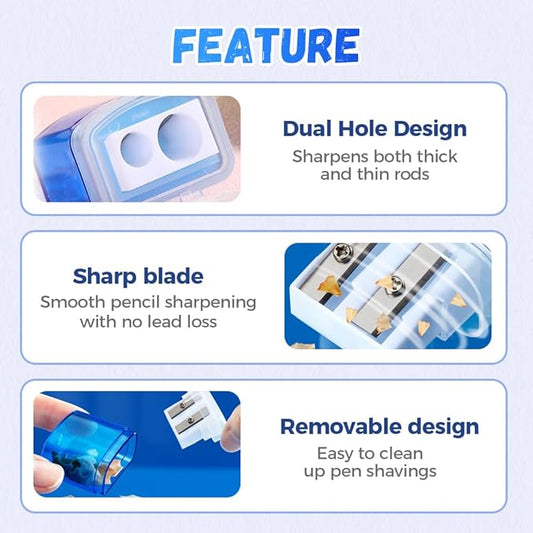 Pencil Sharpeners with Lid, Dual Holes Handheld Pencil Sharpener Manual for Standard and Jumbo Pencils, Compact Cute Sharpener for Kids Adults Students School Home Office (Blue*2)