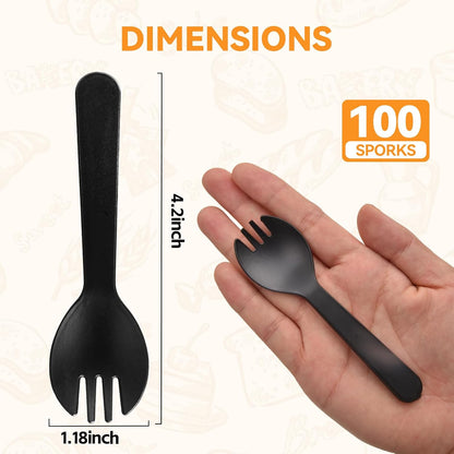 100Pcs Mini Plastic Spork, 4.2 Inch Individually Wrapped Disposable Cutlery, Small Black Fork Spoon Combo for Desserts, Ice Cream, Cakes, Appetizer, To-Go & Party Use