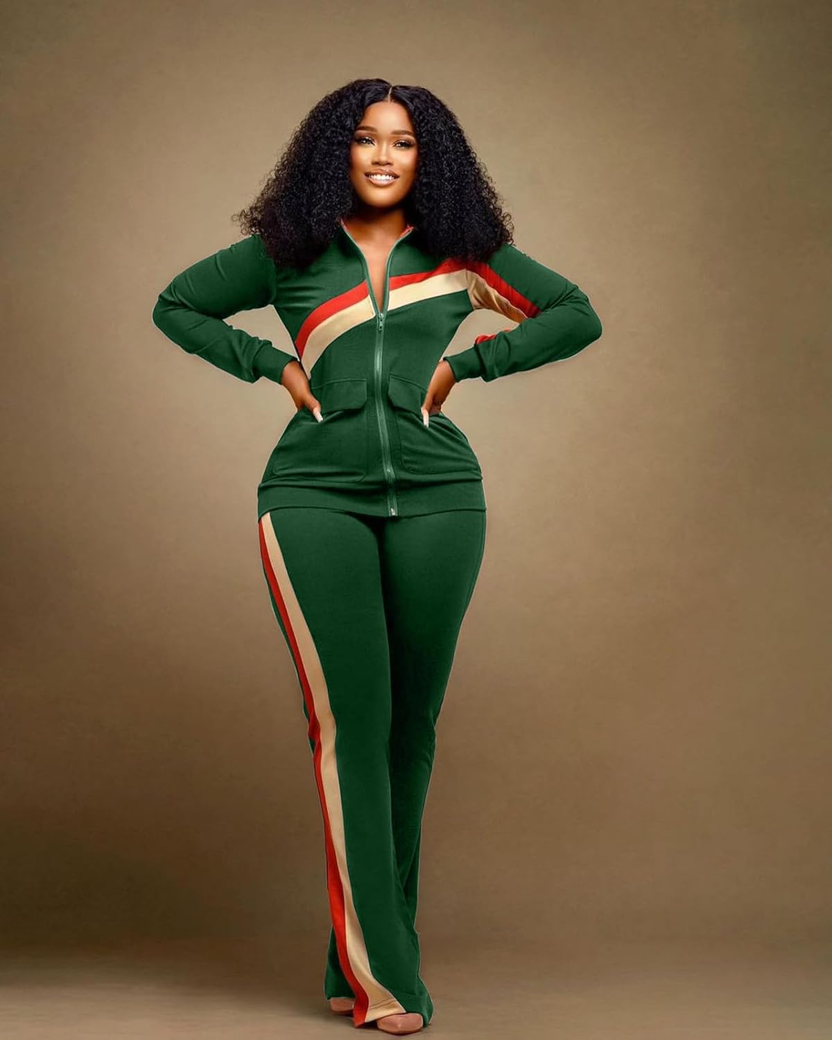 2Piece Outfits for Women Long Sleeve Striped Zipup Jacket Wide Leg Long Pant Retro Tracksuit Sport Set Wine Red