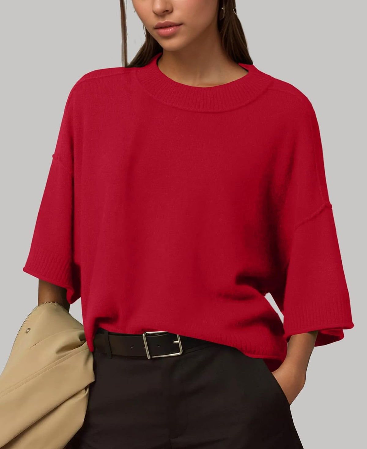 ZDC Women's Oversized Sweaters Summer Short Sleeve Casual Cropped Tops Lightweight Loose Fit Knit Pullover