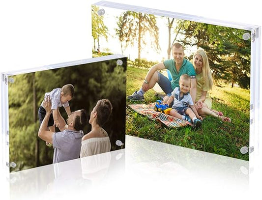AMEITECH Acrylic Photo Frame 5x7 inches, Free Standing Desktop Double Sided Magnetic Picture Display, 10  10MM Thickness Clear Magnet Photo Frame with Microfiber Cloth, Gift Box Package