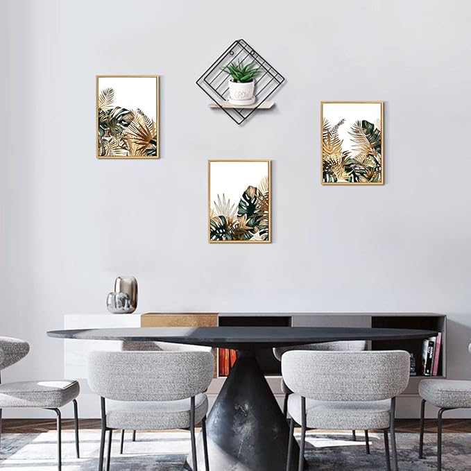 Loomarte Framed Plant Wall Art Simple Tropical Green Leaves Wall Decor Boho Palm Botanical Prints Minimalist Pictures Home Decorations for Living Room Bedroom Bathroom 12x16 Inches Golden Frame,3 PC
