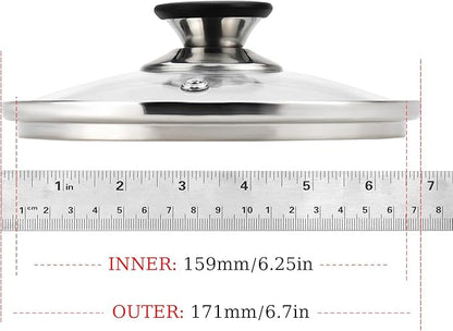 Universal Round Lid for Pans 6.5 Inch Tempered Glass Pot Lid, with Steam Vent Hole and Heat Resistant Handle Easy to Use Replacement Frying Pan Cover Cookware