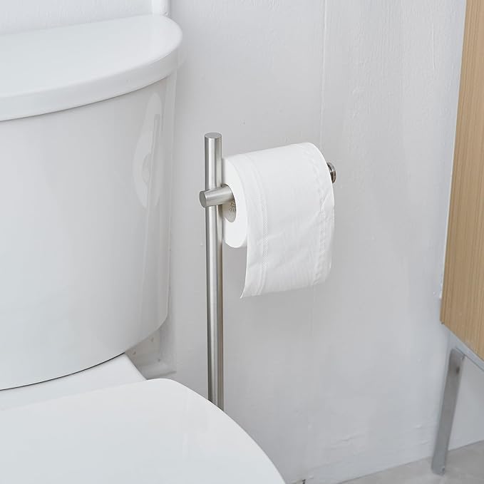 BWE Brushed Nickel Toilet Paper Holder Freestanding Toilet Paper Holder for Bathroom Toilet Paper Storage Holder Stand with Non-Slip Stable Base Modern Stainless Steel Toilet Tissue