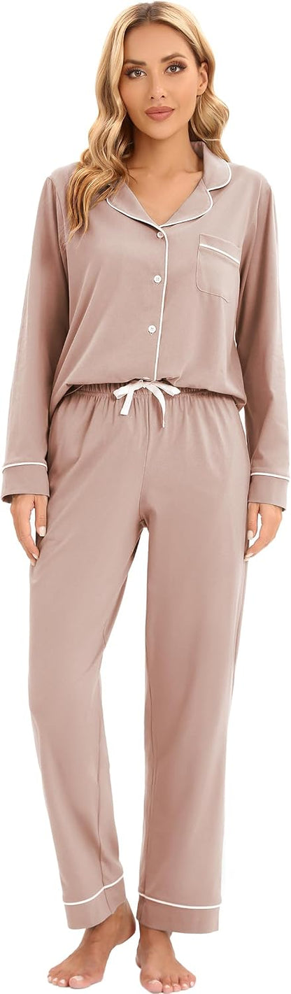LUBOT 100% Cotton Pajamas for Women Pajama Set Soft 2 Piece Sleepwear PJ Set Long Sleeve Button Knit Cozy Loungewear XS-XXL