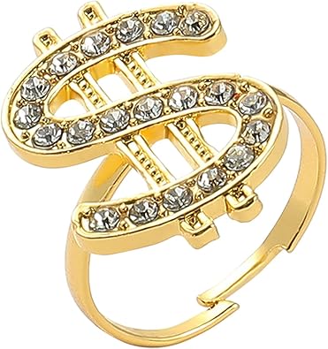 Ring, Crystal Dollar Sign Ring Money Symbol Ring Hip Hop Jewelry Rapper Punk Costume Props Golden Adjustable Open Ring
