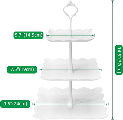 Coitak 3 Tier Cupcake Stand, Plastic Tiered Serving Stand, Square Dessert Tray for Tea Party, Baby Shower and Wedding (Pure White)