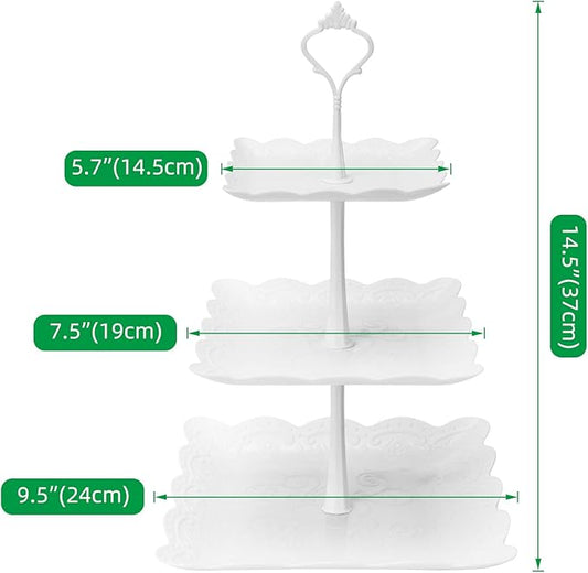 Coitak 3 Tier Cupcake Stand, Plastic Tiered Serving Stand, Square Dessert Tray for Tea Party, Baby Shower and Wedding (Pure White)