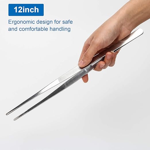 AHIER 12inch Kitchen tweezer Stainless Steel, Long tweezer with Precision Serrated Tips for Cooking Pincette for Sea food, Bar Tweezer