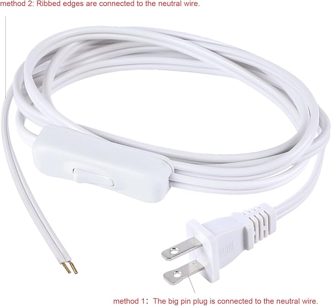 Lamp Cord has Button Switch UL304 2A/120V,Plug,Stripped Ends Ready for Wiring 18 AWG SPT-2, White (6FT)