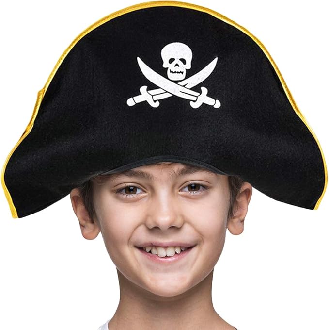 ArtCreativity Pirate Felt Hat for Kids, 1PC, Pirate Costume Hat with Skull and Cross Sword Design, Costume Prop for Halloween, Dress Up Parties, and Photo Booth, Black, White, and Gold