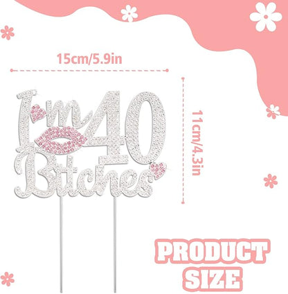 I'm 40th Funny Birthday Pink Rhinestone Cake Topper - Happy 40th Birthday Cheers to 40 Years Old Forty Bday Party Metal Sparkly Food Centerpieces Topper Decorations Sign.