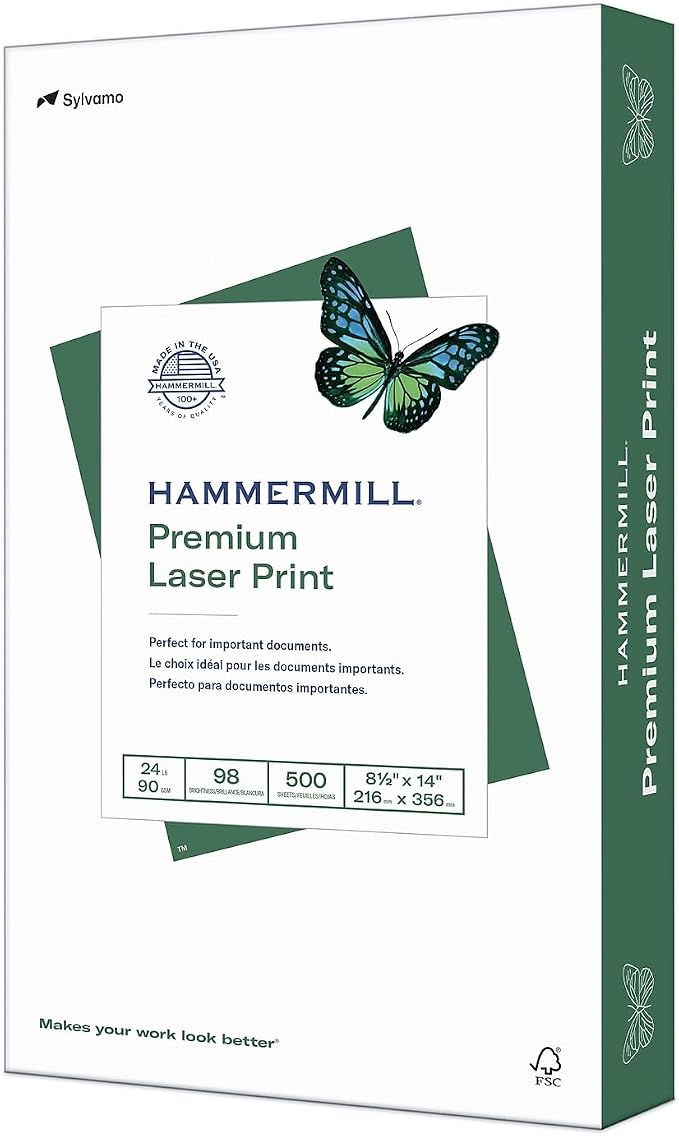 Hammermill 104612 Laser Print Office Paper, 98 Brightness, 24lb, 8-1/2 x 14, White, 500 Sheets/RM