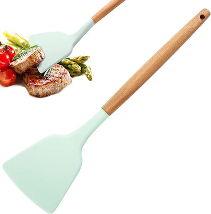 Silicone Solid Spatula with Wooden Handle, Heat Resistant and Non Stick Cooking Utensil, Kitchen Turner for Frying, Baking, Flipping, Mixing, Serving, Draining, Stirring (light green)