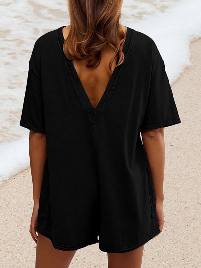 AnotherChill Womens Athletic Romper With Pockets Workout Tee Rompers Backless Oversized Onesie Casual Activewear