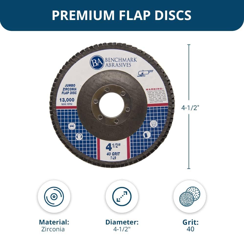 Benchmark Abrasives 4.5" x 7/8" Premium High Density Jumbo Zirconia Type 29 Flap Discs 4 1/2 for Angle Grinder, Sanding Discs, Finishing - Grinding Wheels 4 1/2 Inch (5 Pack) - 40 Grit