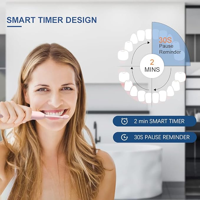 2 Pack Rechargeable Electric Toothbrushes for Adults and Kids, Whitening Tooth Brush with 8 Brush Heads, 6 Cleaning Modes and Smart Timer, Waterproof Cleaning Toothbrushes Set(Black&Pink)