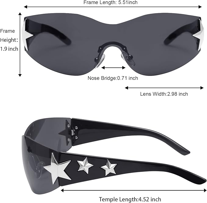 Rimless Y2K Sunglasses Star Wrap Around Glasses 2000S Accessories for Women Men Trendy Fashion Cool Shield Shades