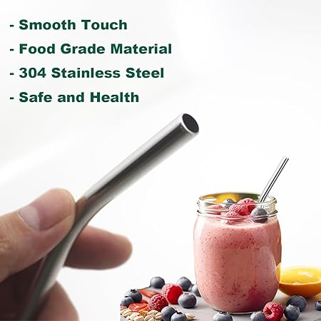 8 Pack 6 Inch Short Bent Metal Cocktails Straws, Reusable Stainless Steel Smoothie Drinking Straws with Cleaning Brush for Coffee Mugs, Small Glasses or Cups